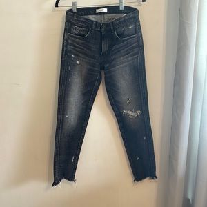 Moussy Indigo Dark Wash Distressed Raw Hem Skinny Jeans Sz 26